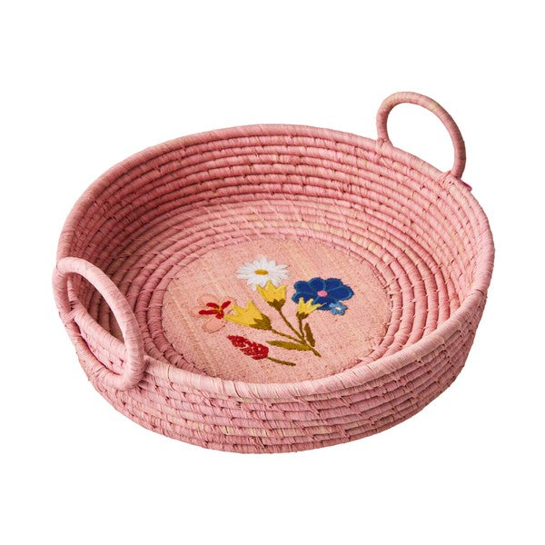 ラウンドバスケット 刺繍フラワー ピンク