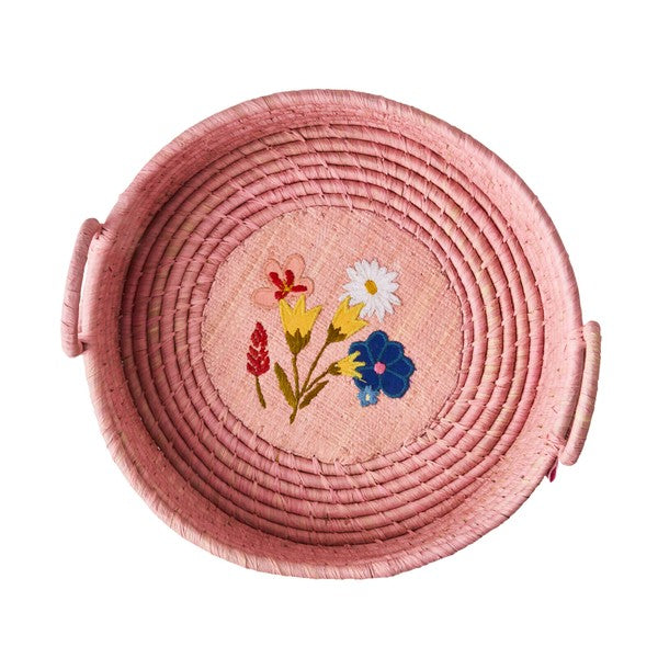 ラウンドバスケット 刺繍フラワー ピンク